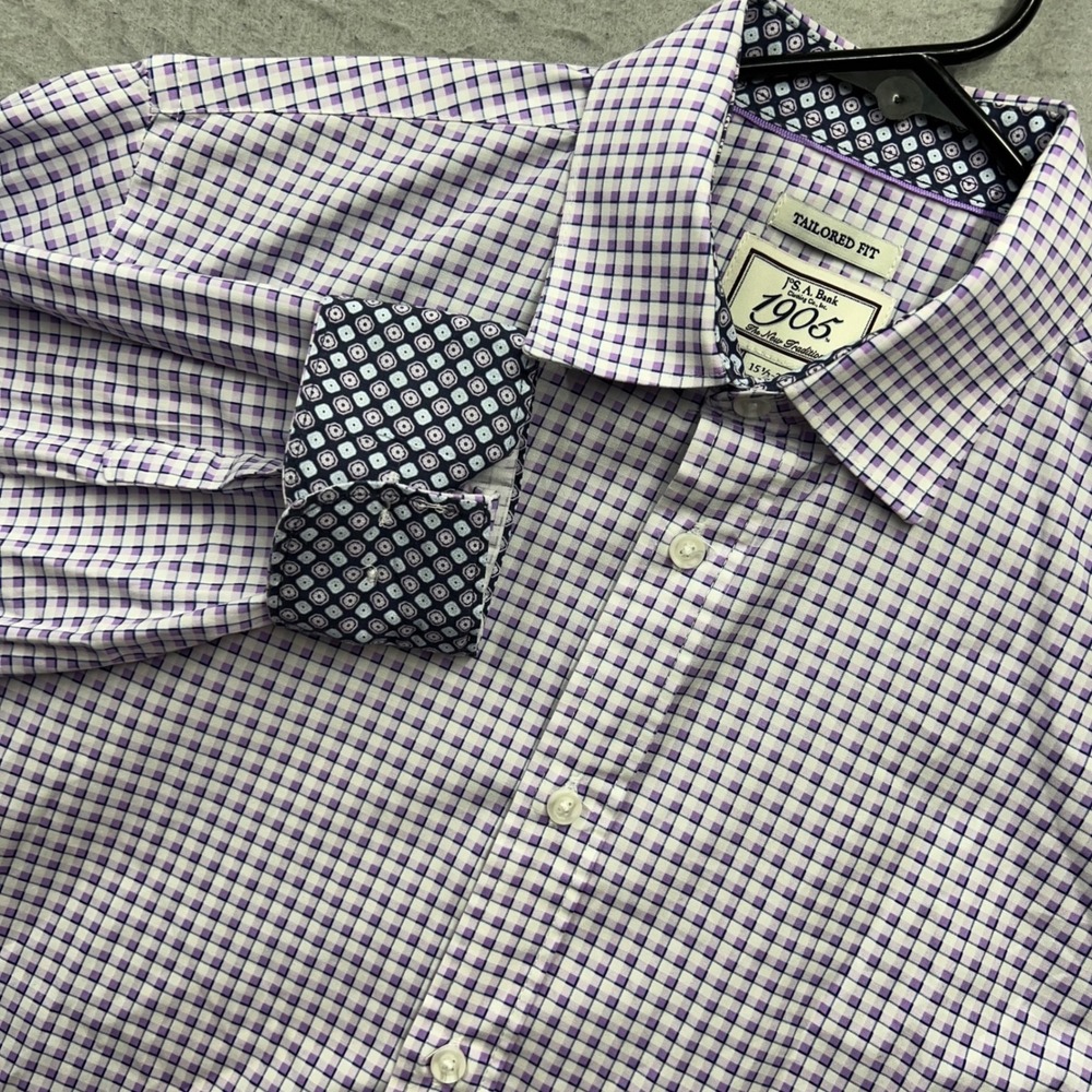Jos. A. Bank 1905 Mens Dress Shirt 15.5 32 Tailored Fit Purple Check Stretch